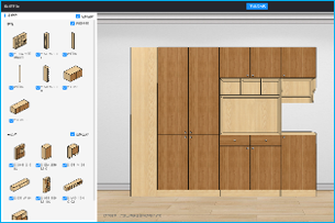 Sunvega DMS showroom design screen: cabinet library on the left, a full wall of wardrobes on the right